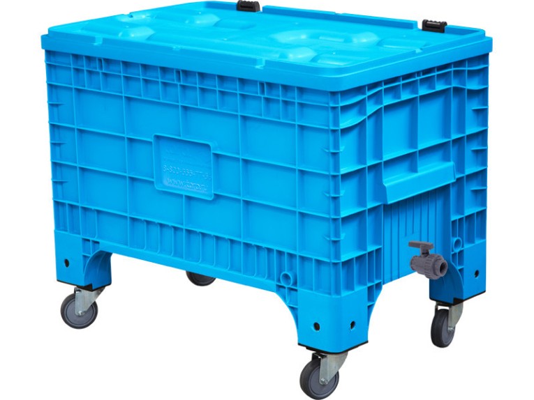 Контейнер 1017х636х793 сплошной, на колёсах, с крышкой на петлях, с КШ 1 внешняя резьба цв. сини купить в Томске Контейнер 1017х636х793 сплошной, на колёсах, с крышкой на петлях, с КШ 1 внешняя резьба цв. сини купить в Томске