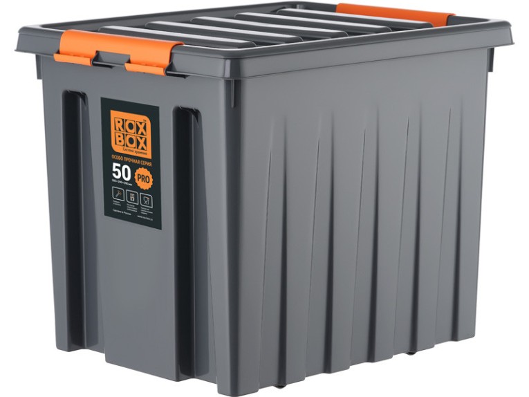 Контейнер особопрочный Rox Box PRO 50 (500х390х390 мм с крышкой и клипсами, на роликах, антрацит) купить в Томске